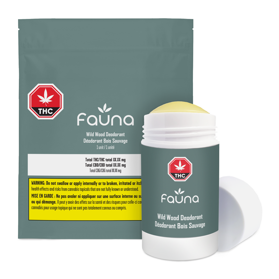 Fauna Wild Wood Deodorant stick shown with its pouch packaging on a clean white background. The deodorant stick has a white cap and a pale yellow wax bullet, with the matching teal pouch behind it featuring a red THC logo and a yellow warning label.
