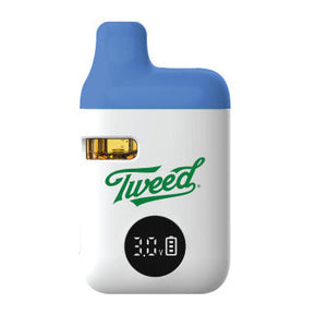 Vape device with blue top and 'Tweed' branding on a white background