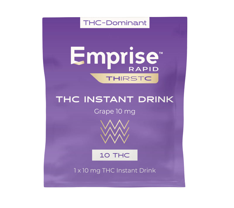 Purple package of Emprise THC Instant Drink on a white background