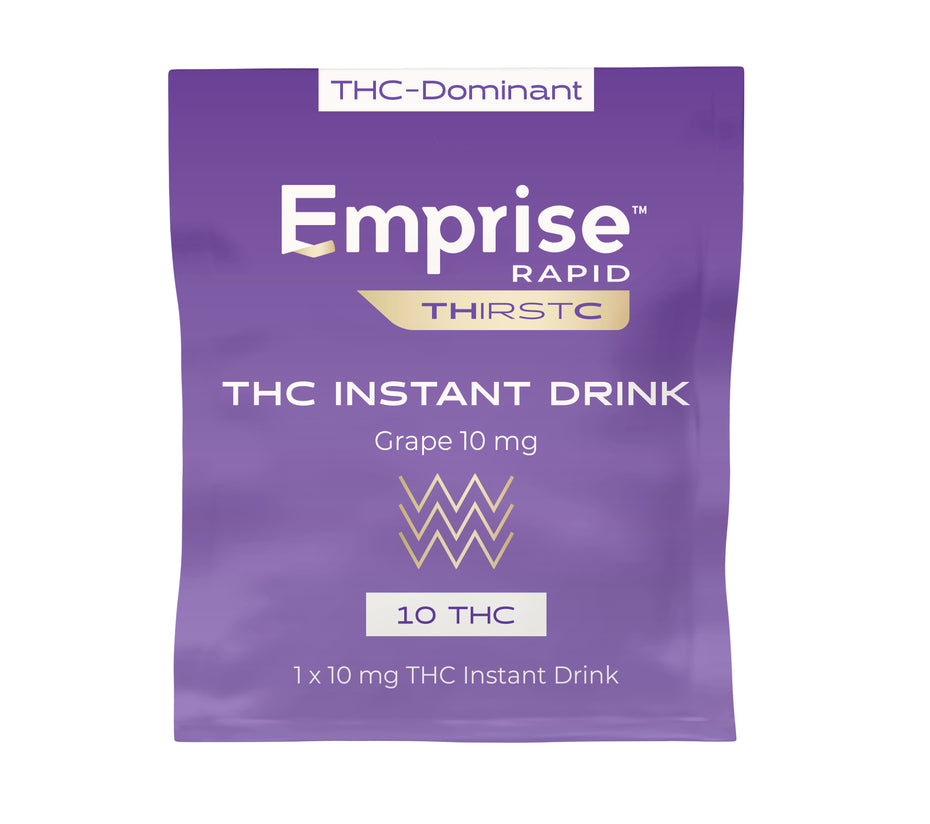 Purple package of Emprise THC Instant Drink on a white background