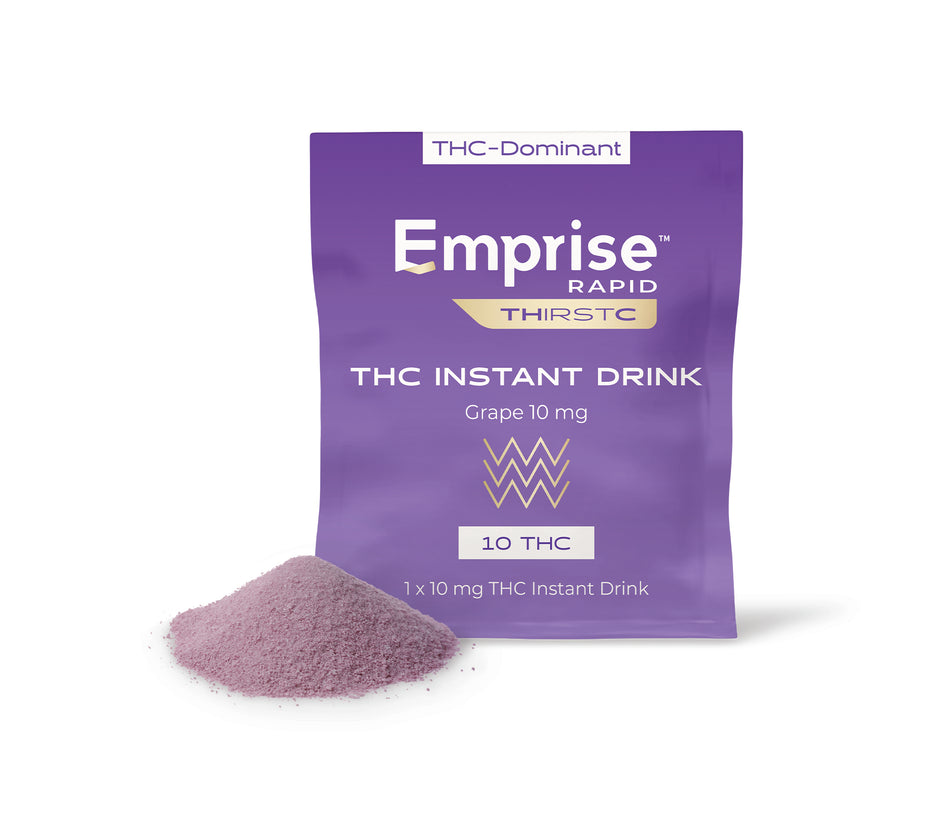 Purple package of Emprise THC Instant Drink with a scoop of purple powder on a white background