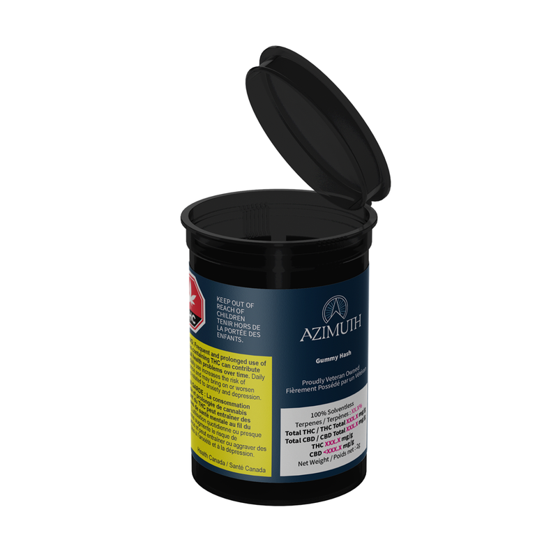 Black cylindrical container with an open lid on a white background, featuring the brand 'Azimuth'.