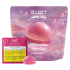 Pink gummy bear with packaging labeled 'Blast' on a white background