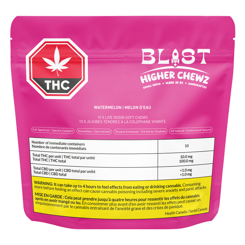Pink package of 'Blast Higher Chewz' THC products with visible branding and text.