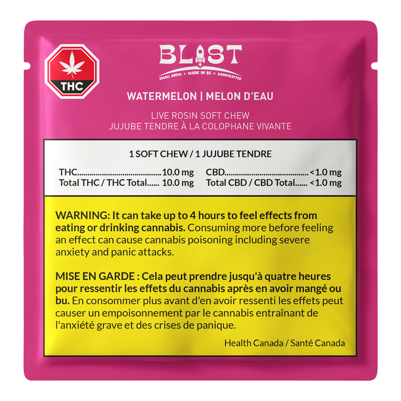 Pink packaging of a THC product with warning labels on a white background
