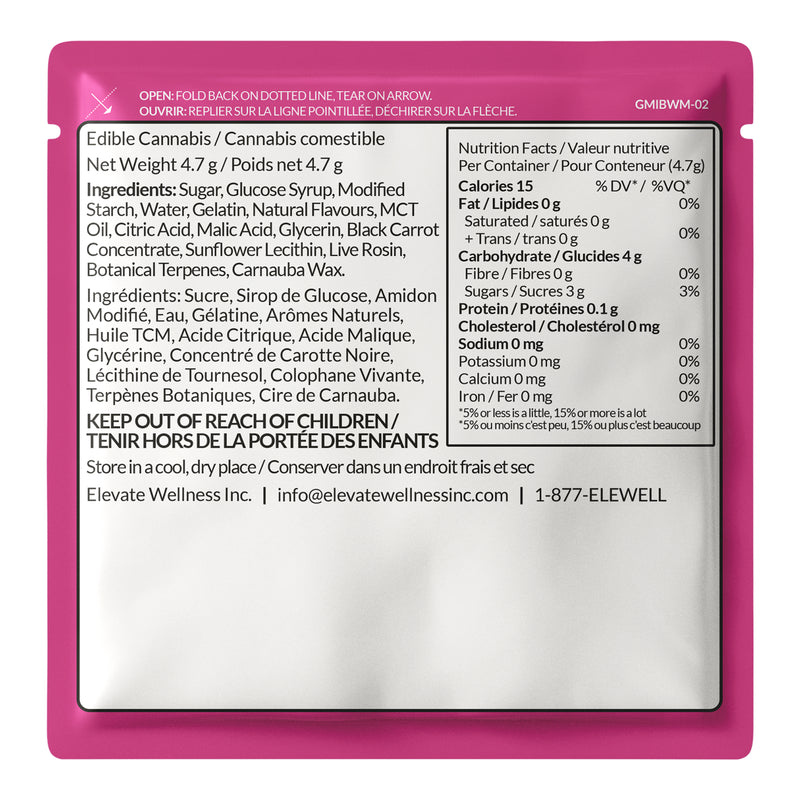 Edible cannabis packaging with nutritional information and branding details.