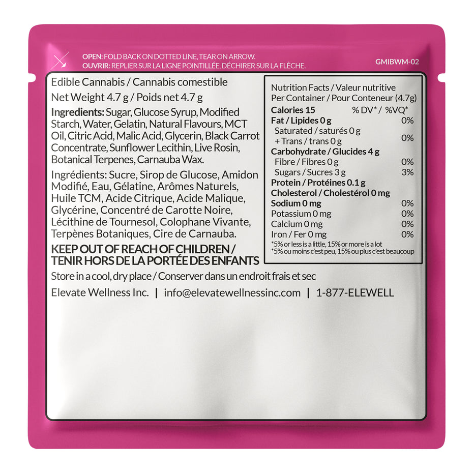 Edible cannabis packaging with nutritional information and branding details.