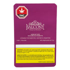 A purple rectangular package card for Balcony THC Premium Edibles, featuring a red and white THC logo at the top, white product text, and a yellow warning panel at the bottom.