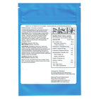 Blue packaging with a white label containing text and nutritional information on a white background