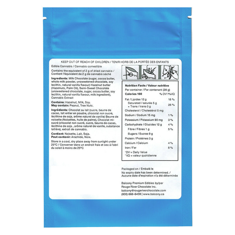 Blue packaging with a white label containing text and nutritional information on a white background