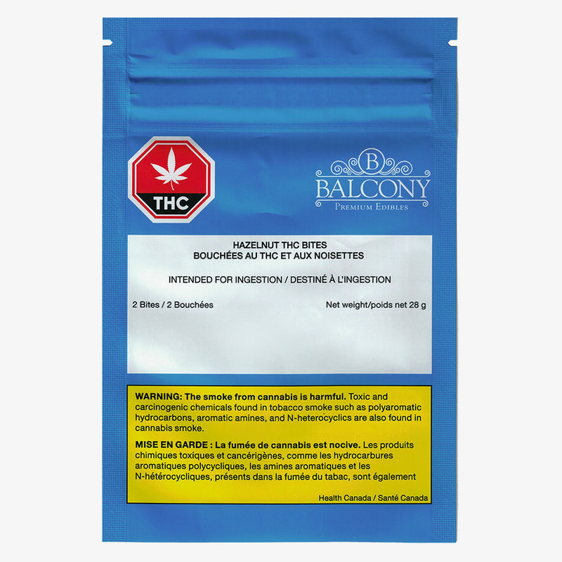 Blue packaging of Balcony Hazelnut THC Bites with visible branding and warning text.
