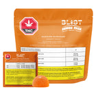 Orange packaging of THC gummies with visible branding and product details.