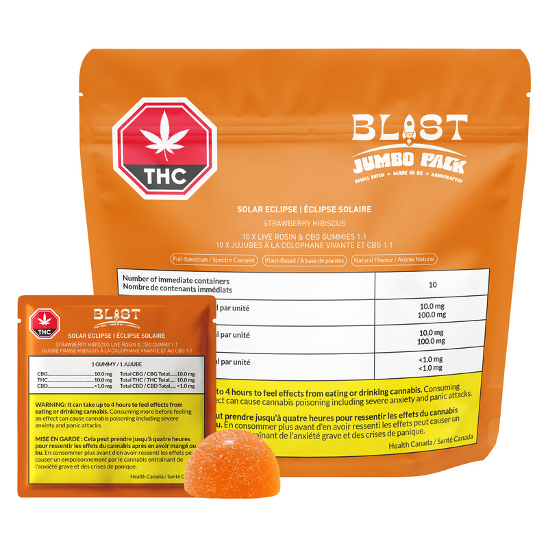 Orange packaging of THC gummies with visible branding and product details.