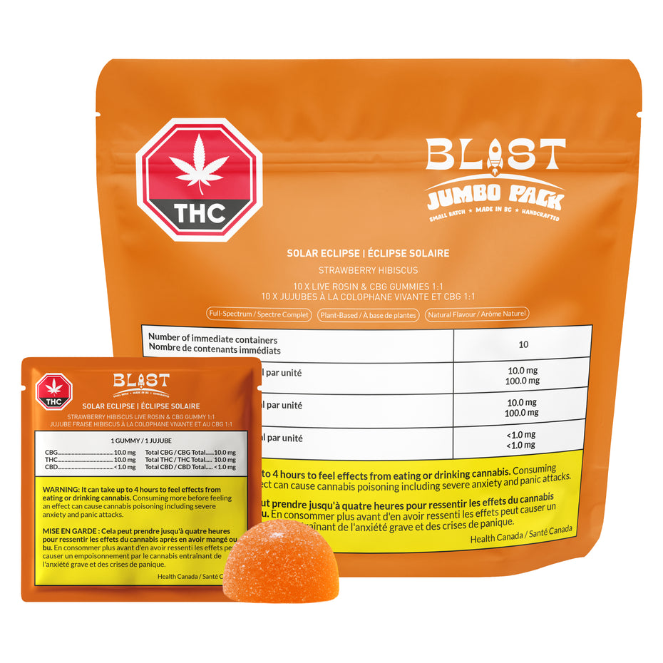 Orange packaging of THC gummies with visible branding and product details.