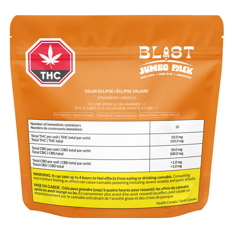 Orange packaging of 'Blast' THC product with branding and product details.