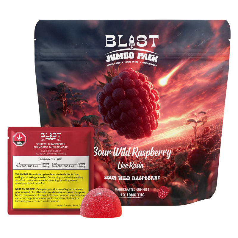 Blast Jumbo Pack Sour Wild Raspberry Live Rosin with packaging and gummy on a white background