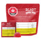 Red packaging of BLAST THC gummies with a small red gummy on a white background