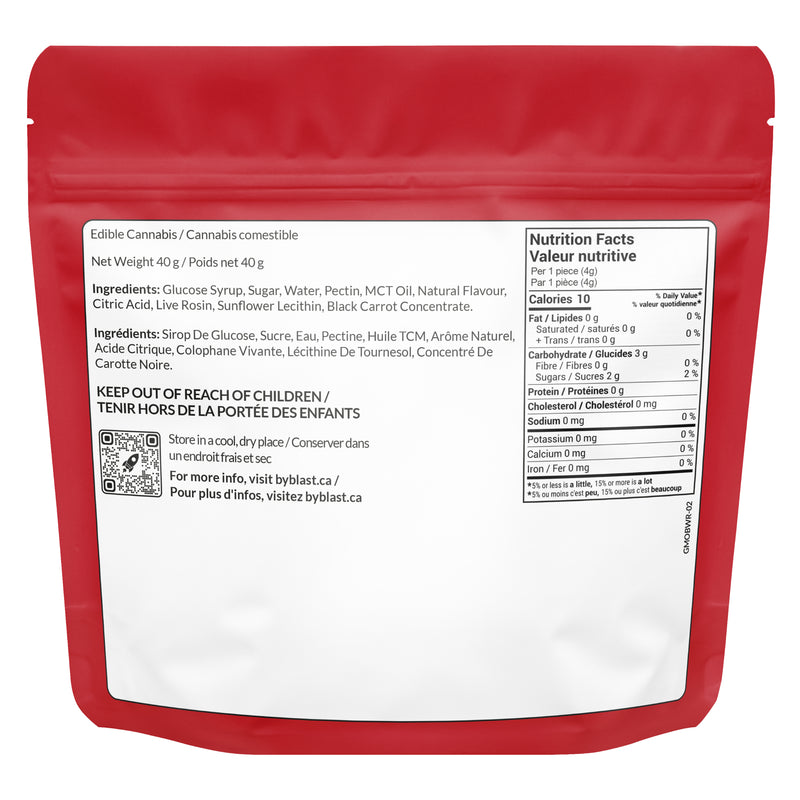 Red packaging with a white label containing nutritional information and ingredients.