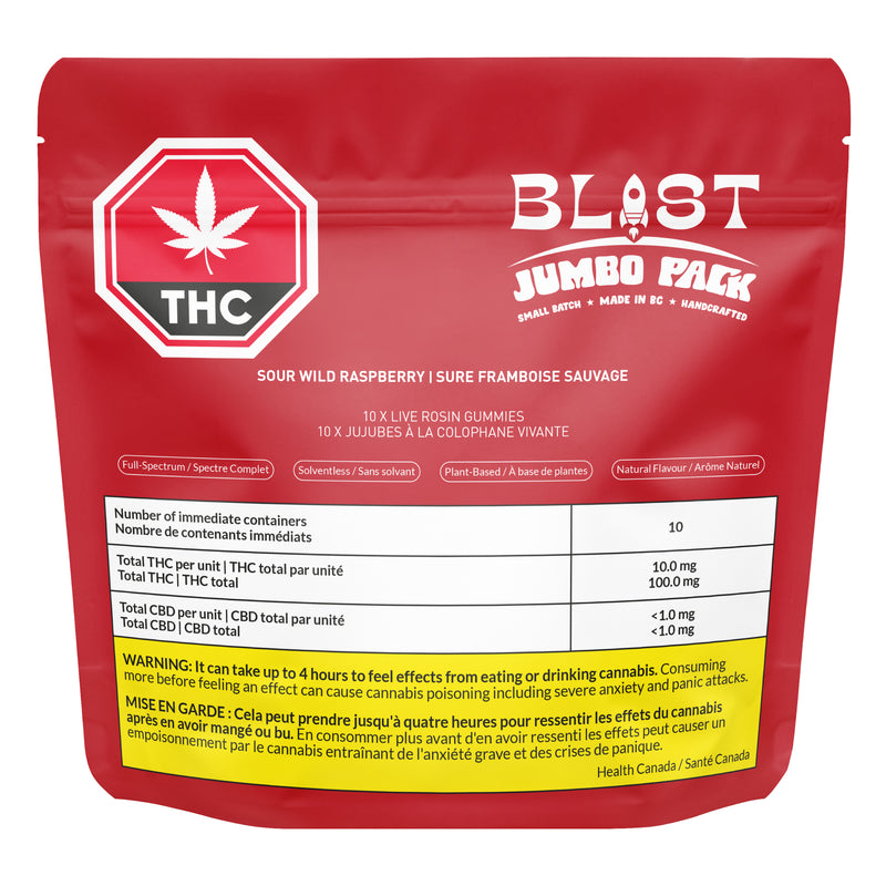 Red packaging of 'Blast' THC gummies with visible text and branding.