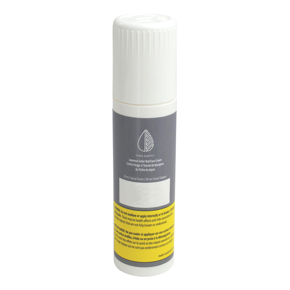 A tube of Japanese Cedar Bud Face Cream with a white label on it, including branding and product information.