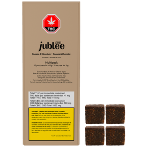 CBD jublee banana and chocolate product packaging with THC warning label.