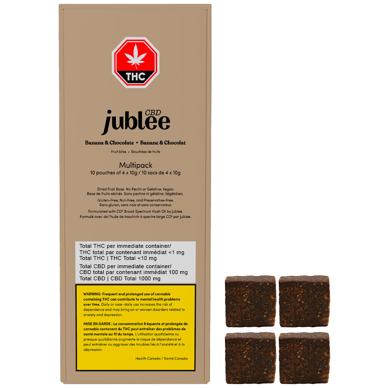 CBD jublee banana and chocolate product packaging with THC warning label.