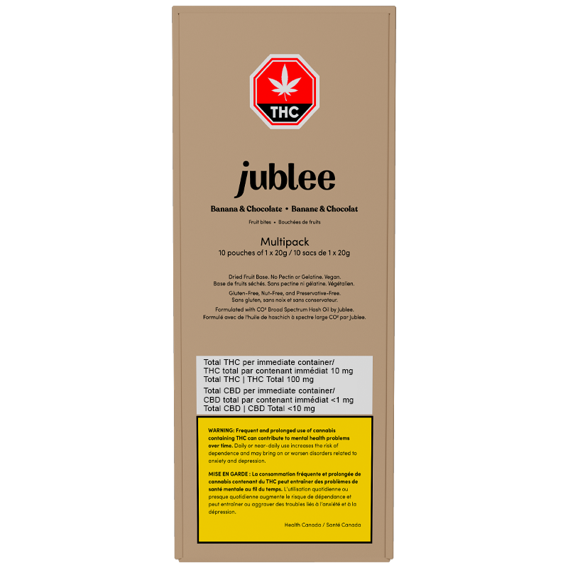 Jublee THC product packaging with banana and chocolate flavor on a beige background