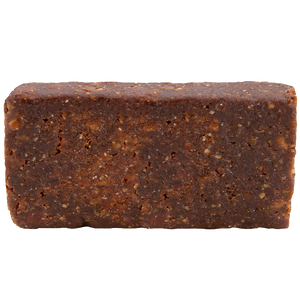 Rectangular block of dark chocolate on a white background