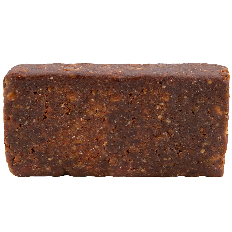 Rectangular block of dark chocolate on a white background