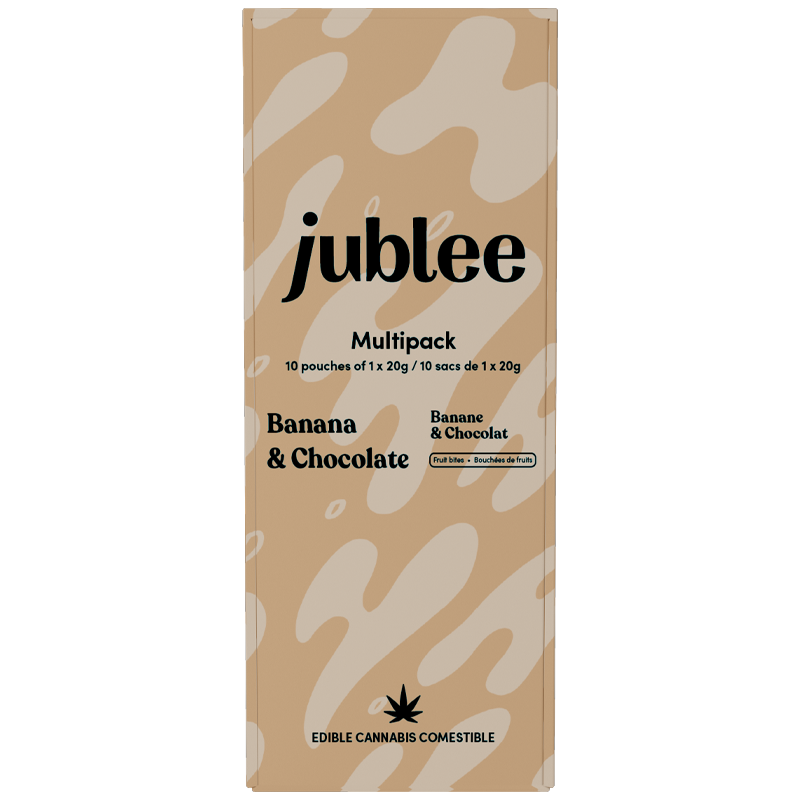 Jublee Banana & Chocolate edible cannabis product packaging on a beige background