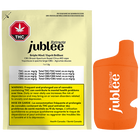 Orange vape device with 'jublee' branding next to a yellow packaging sleeve with the same branding.