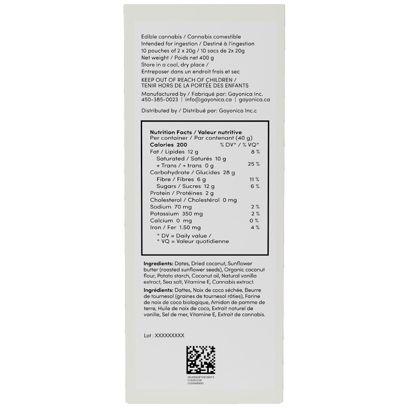 Back of a product packaging with nutritional facts and ingredient list on a white background