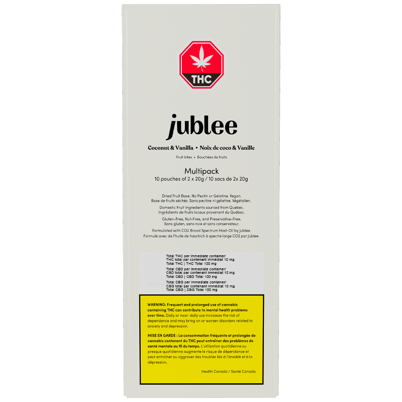 Jublee THC product packaging with coconut and vanilla flavor on a white background
