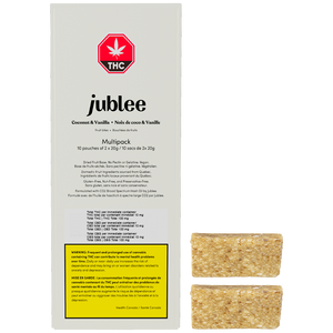 Jublee coconut and vanilla snack bars with packaging on a white background