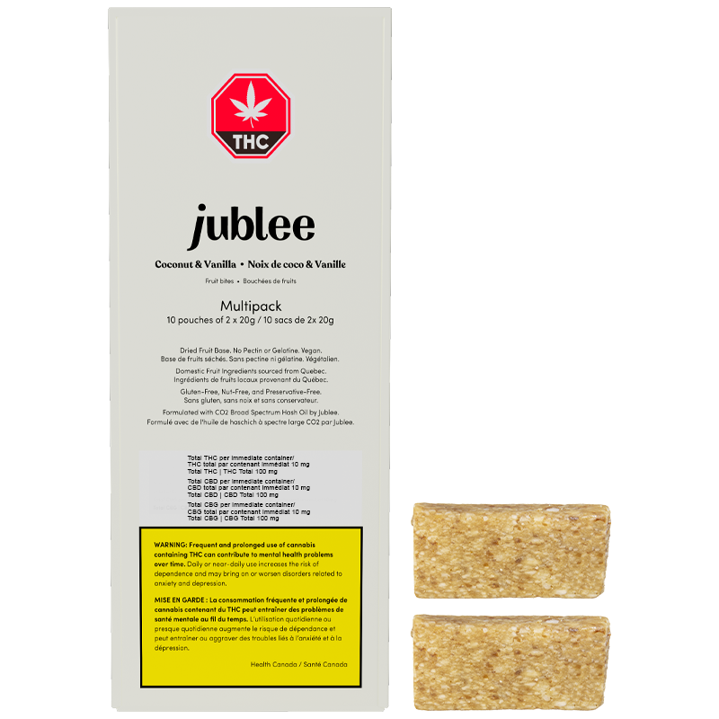 Jublee coconut and vanilla snack bars with packaging on a white background