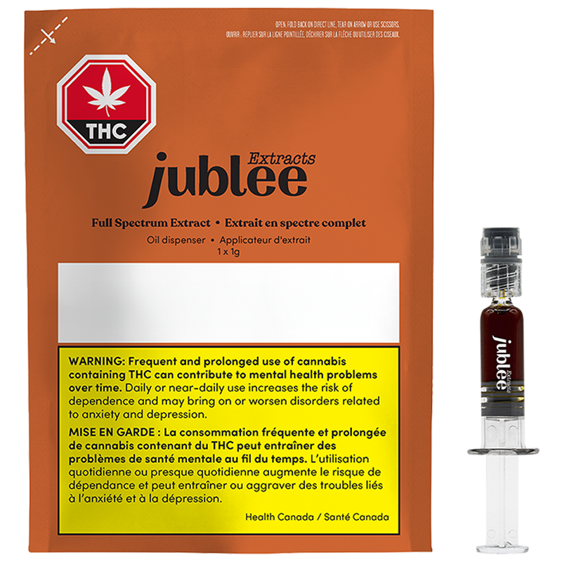 THC Extracts jublee packaging with a syringe on an orange background