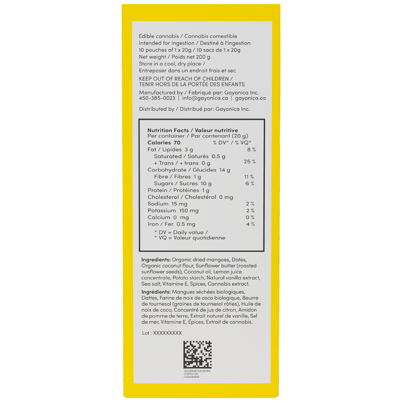 Nutrition facts label on a product package with a yellow border.