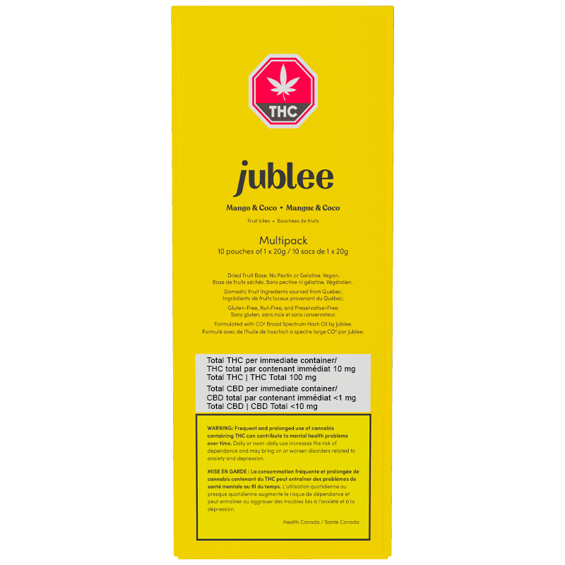 Yellow packaging of jublee THC product with red logo on a white background