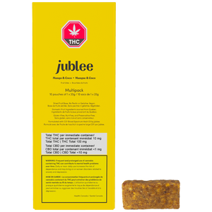 Yellow packaging of jublee Mango & Coco THC product with a bar of chocolate.