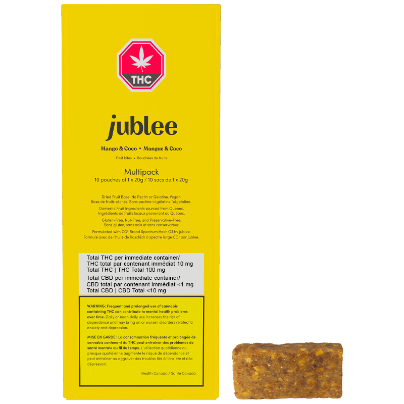 Yellow packaging of jublee Mango & Coco THC product with a bar of chocolate.