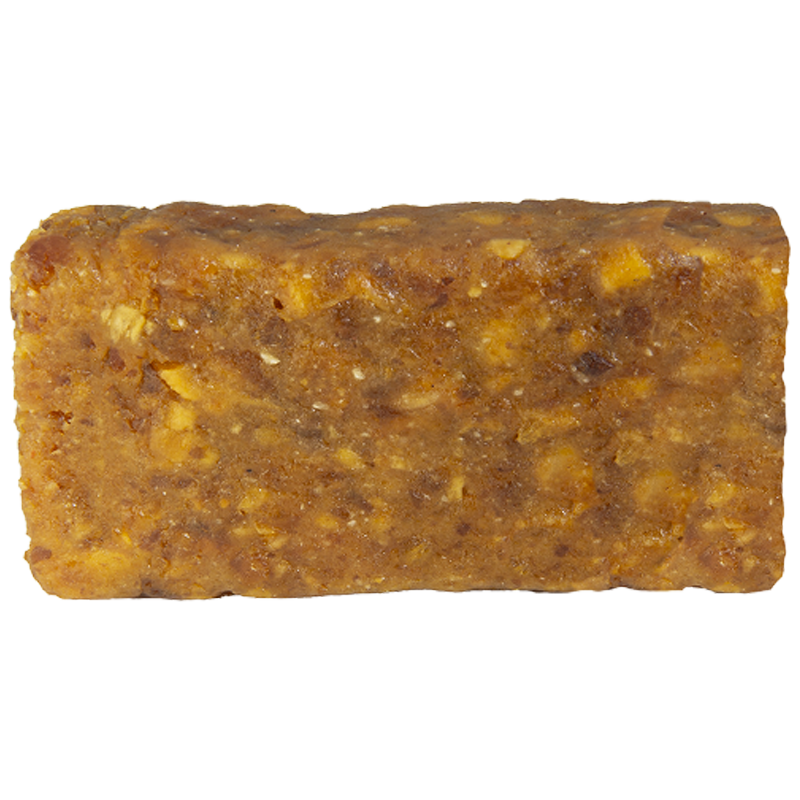 Rectangular block of brown soap on a white background