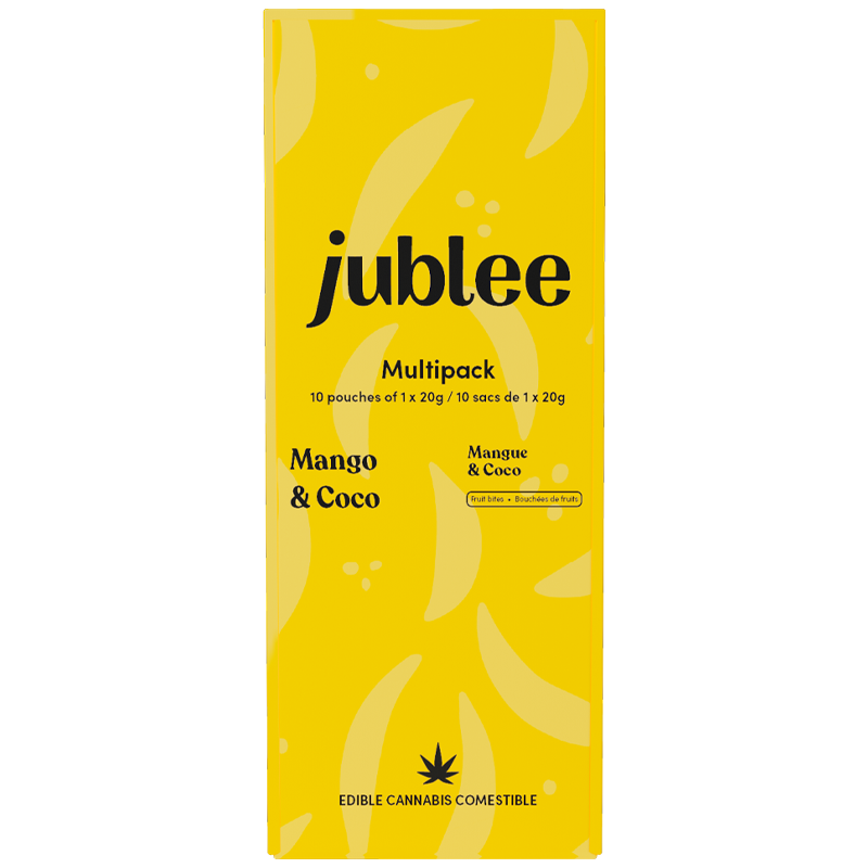 Yellow packaging of jublee Mango & Coco multipack on a white background