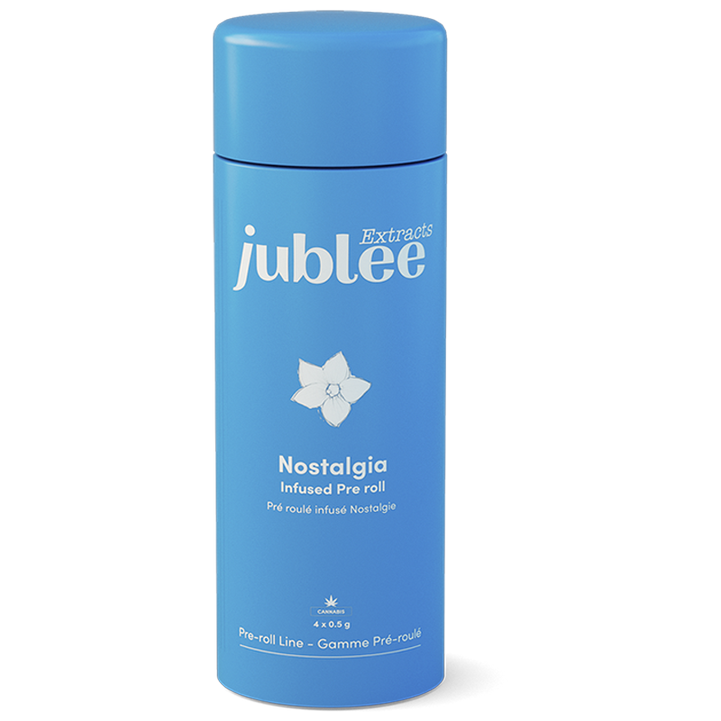 Blue bottle labeled 'jublee Extracts' with 'Nostalgia' on a white background