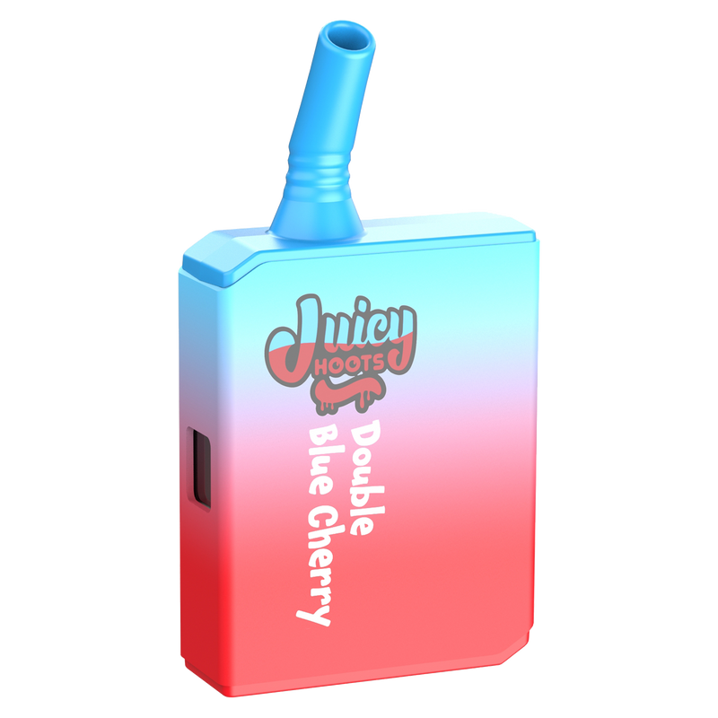 A disposable AIO vape cartridge with a blue mouthpiece and a red to blue gradient design, labeled 'Juicy Hoots Double Blue Cherry'.