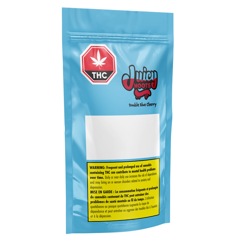Juicy Hoots Double Blue Cherry Vape packaging in blue with white background