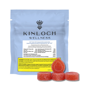 Packaging of Kinloch Wellness CBZ™ CBN + CBD Pomegranate Berry Gummies with image of the gummies in front.