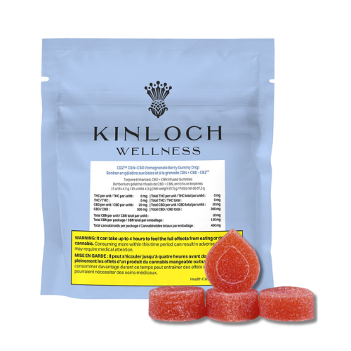Packaging of Kinloch Wellness CBZ™ CBN + CBD Pomegranate Berry Gummies with image of the gummies in front.