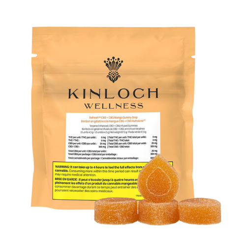 Packaging for Kinloch Wellness CBG + CBD Mango Gummy Drops with three gummy candies in the front. The packaging is primarily orange and gold with product information and branding visible.
