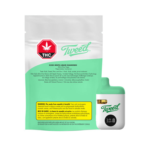 Tweed THC vape device packaging with green and white design