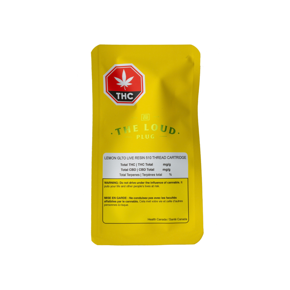 A yellow resealable pouch of 'The Loud Plug' Lemon GLO Live Resin 8/10 Thread Cartridges on a solid white background.